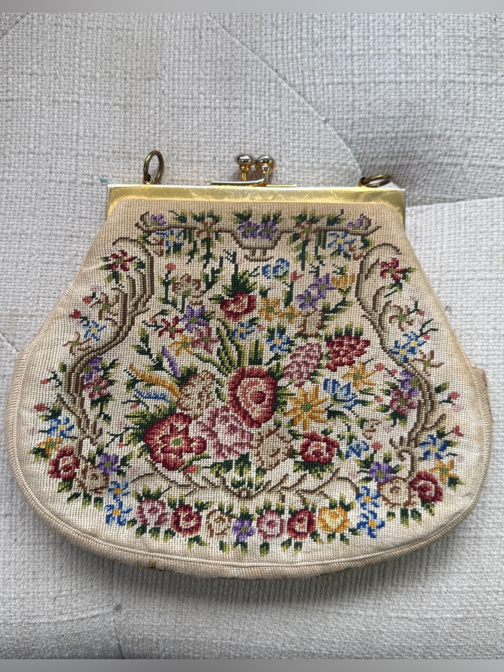 Vintage Floral Needlepoint Evening Bag in Ivory and Multicolor